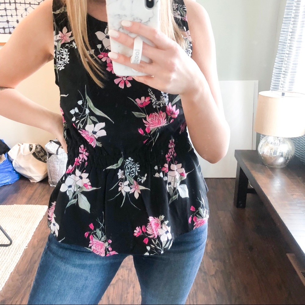 Mixed Material Floral Tank w/ Elastic Waist
